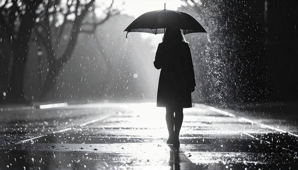 雨の日のシルエット：光が舞うモノクロ情景の写真