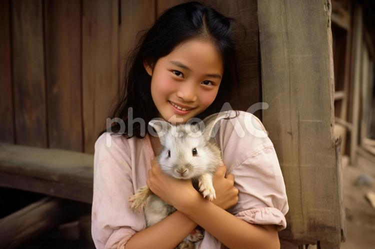 ウサギとのひととき、笑顔の女の子 ウサギ,抱っこ,女の子の写真素材