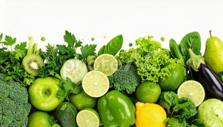 グリーンの野菜、果物とナス？ 果物,フルーツ,たくさんの写真素材