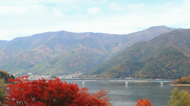 河口湖畔から眺める秋の山々と河口湖大橋 紅葉,秋,河口湖の写真素材