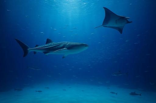 水族館の水槽のジンベエザメとマンタ 水族館の水槽のジンベエザメとマンタの写真