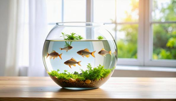 金魚鉢の中を泳ぐ数匹の小さな金魚の写真