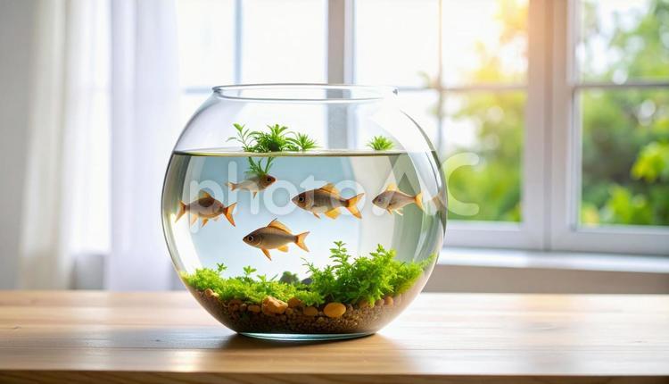 金魚鉢の中を泳ぐ数匹の小さな金魚 金魚,金魚鉢,水草の写真素材