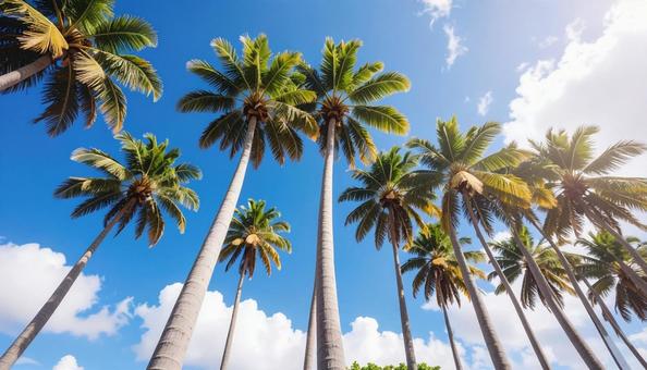 ヤシの木を見上げる 青空背景 ヤシの木を見上げる 青空背景の写真