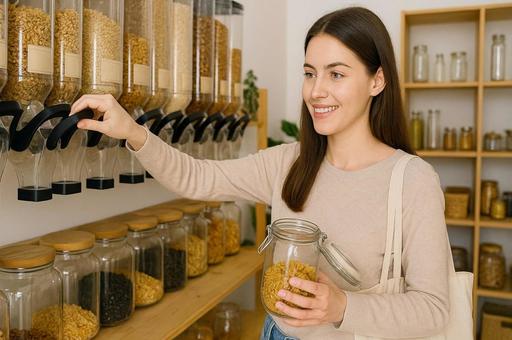 量り売り店で買い物する女性・オーガニック 量り売り店で買い物する女性・オーガニックの写真