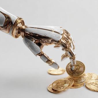 ロボットとビットコインのイメージ ロボットとビットコインのイメージの写真
