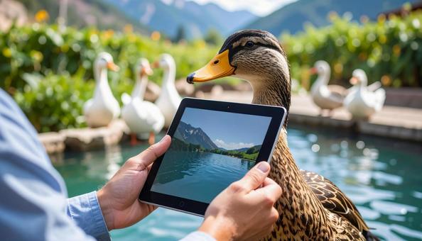 タブレットに触れる嘴の写真