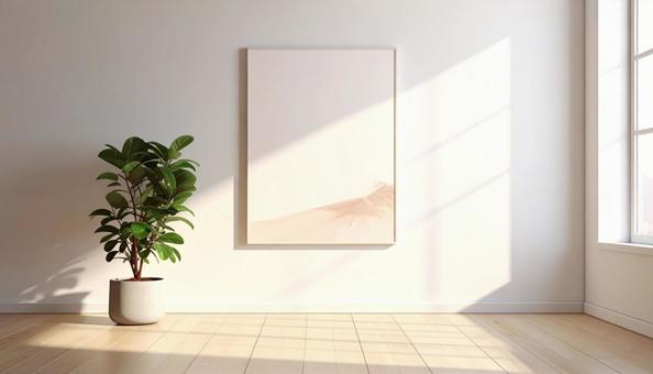 ポスターと観葉植物のあるインテリアの写真