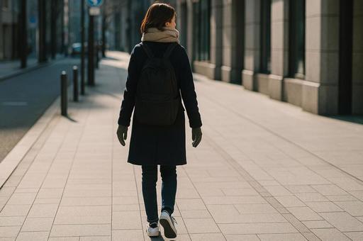 冬の街を歩く女性の後ろ姿・朝の風景・通勤 冬の街を歩く女性の後ろ姿・朝の風景・通勤の写真