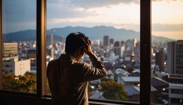 頭を抱えて落ち込む日本人男性 頭を抱えて落ち込む日本人男性の写真
