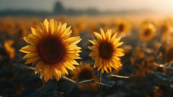 輝くひまわり、夏の夕暮れ 輝くひまわり、夏の夕暮れの写真