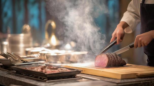 ローストビーフを切り分けるシェフの手元の写真