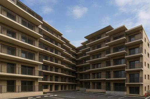 現代的なマンションと駐車場 現代的なマンションと駐車場の写真
