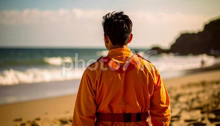 砂浜から海を見つめるライフセーバーの男性 後ろ姿,監視,ライフセーバーの写真素材