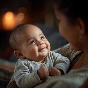 見つめあう親子の写真