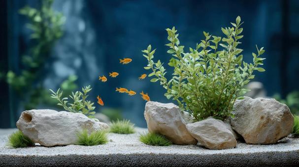 岩と緑の水草が美しいアクアリウムと魚 岩と緑の水草が美しいアクアリウムと魚の写真