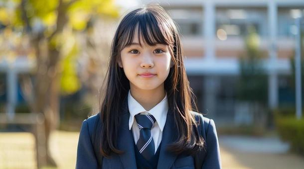 High school girl standing in front of the school building, JPG