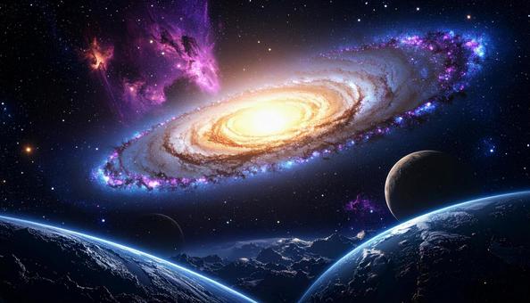 紫の星雲に浮かぶ銀河と惑星 紫の星雲に浮かぶ銀河と惑星の写真