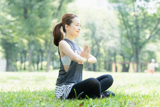 Woman doing yoga in the park, yoga, health, movement, JPG