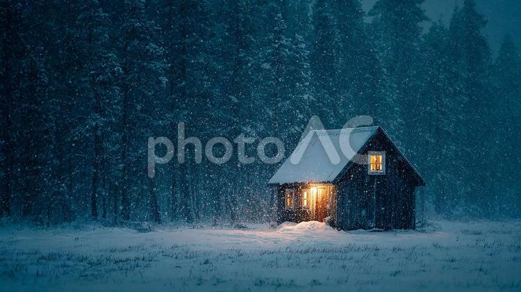 凍てつく夜に輝く暖かな窓 小屋,雪,冬の写真素材