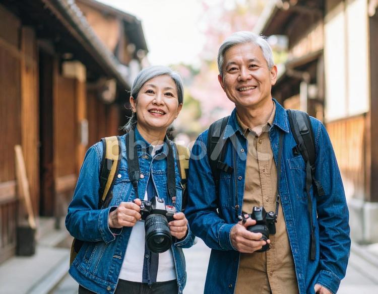 カメラを持って旅するシニア夫婦 旅行,観光,シニアの写真素材