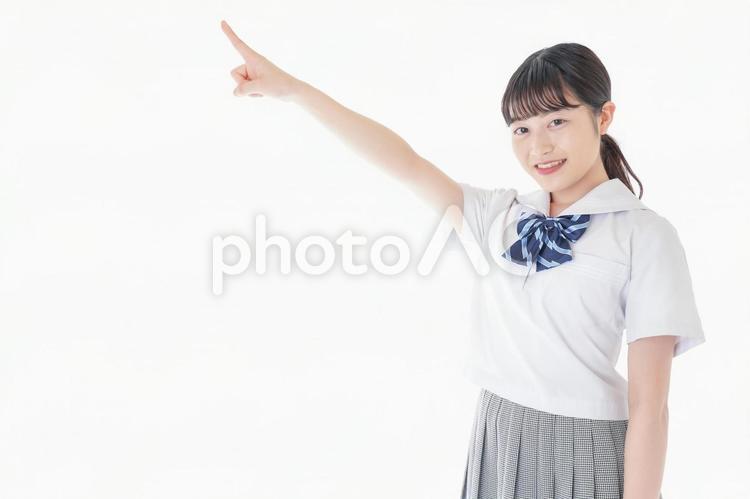 上を指差す制服を着た女子学生 進学,率先,白背景の写真素材