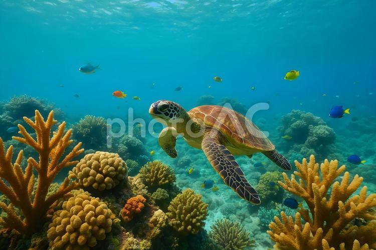 海亀と珊瑚礁 海亀,サンゴ礁,熱帯魚の写真素材