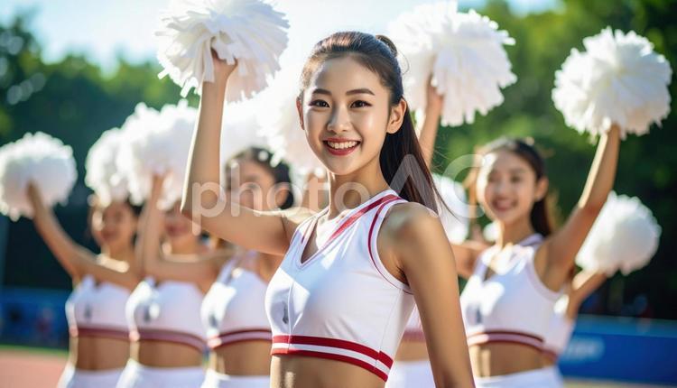 白組の応援団の女の子 ポンポン,応援団,女子の写真素材
