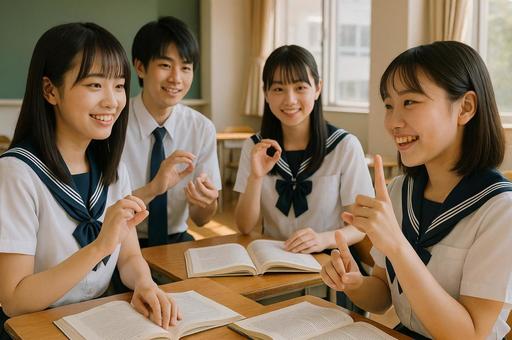 教室で手話で会話する学生 教室で手話で会話する学生の写真