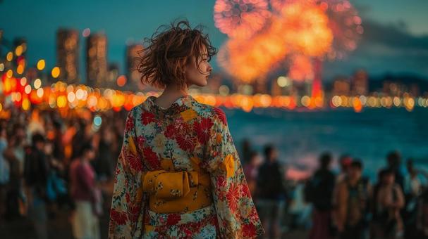 花火と浴衣の女性 11の写真