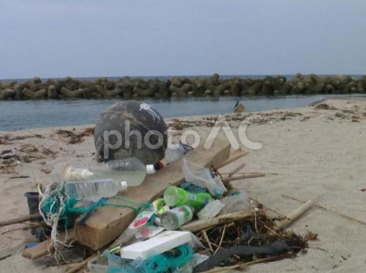 海辺に散る不法投棄 海,ゴミ,自然の写真素材