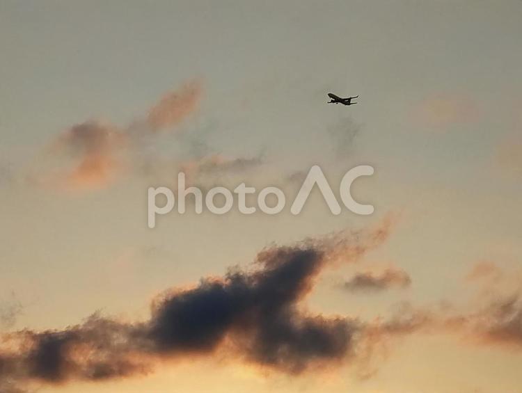夕焼けと飛行機 空,スカイ,飛行機の写真素材