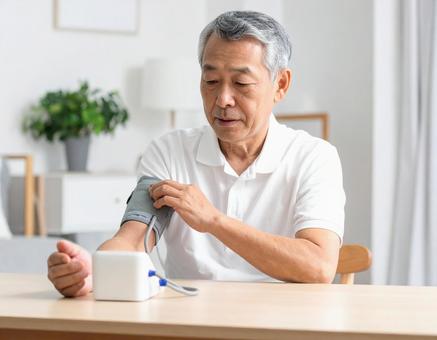 血圧を測り不安そうな表情するシニア男性 血圧を測り不安そうな表情するシニア男性の写真