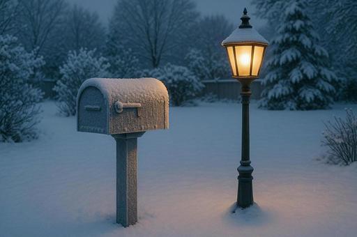 雪の庭のポストと灯りの写真