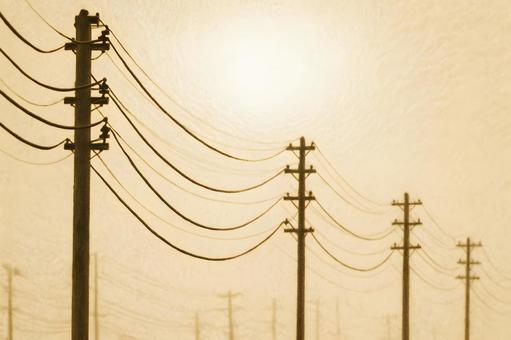 夕陽に映える電柱列 夕陽に映える電柱列の写真