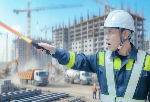 建設現場で誘導灯を持つ警備員の男性 男性,誘導灯,警備員の写真素材