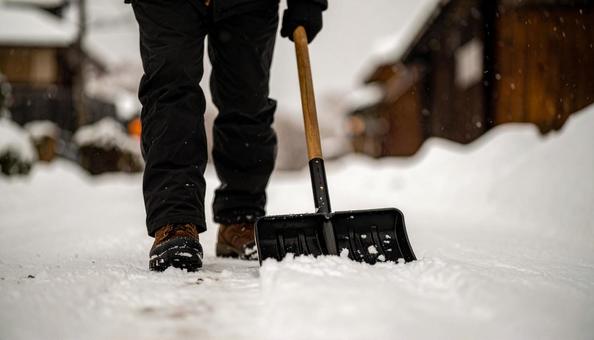 大雪が降った日の翌日の朝に雪かきする男性 大雪が降った日の翌日の朝に雪かきする男性 の写真