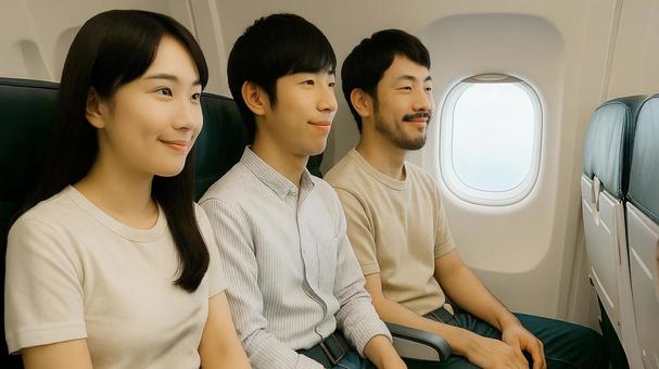 飛行機の座席に座る男女 飛行機の座席に座る男女の写真
