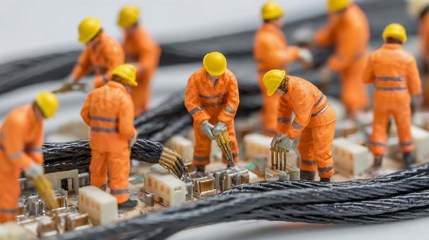 Miniature construction workers working on a circuit board, miniature, figures, model, JPG