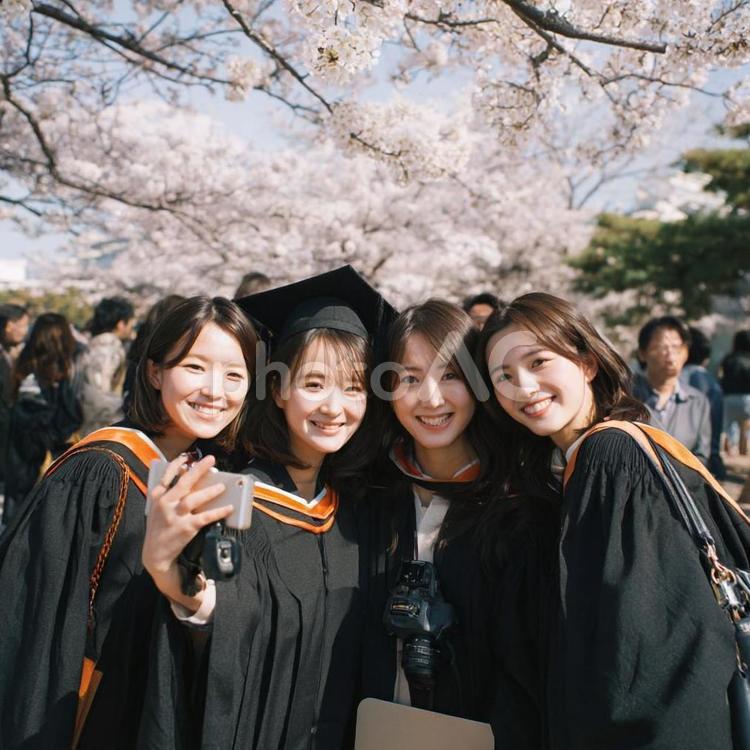 桜の下で自撮りする笑顔の女性卒業生たち 卒業,学生,女性の写真素材