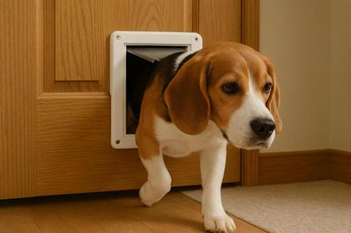 ペットドアから入る犬 ペットドアから入る犬の写真