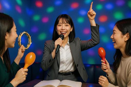 カラオケで歌う女性達 カラオケで歌う女性達の写真