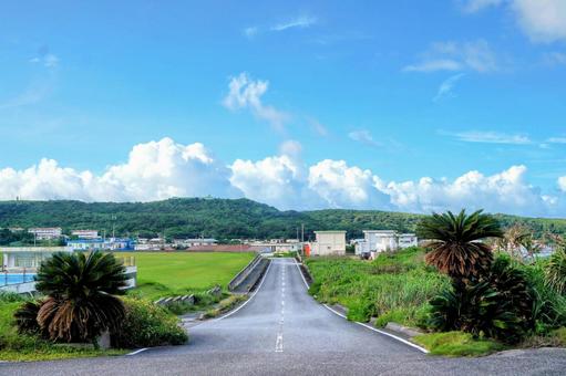 沖縄・与那国島の久部良に続く道と市街 沖縄・与那国島の久部良に続く道と市街の写真