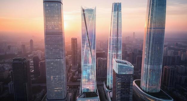 朝焼けに輝く未来都市の高層ビル群 朝焼けに輝く未来都市の高層ビル群の写真