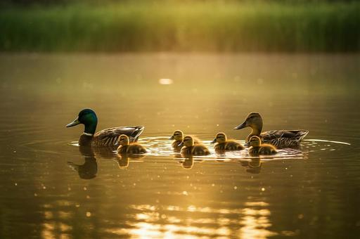 夕日に照らされるカモの親子 夕日に照らされるカモの親子の写真