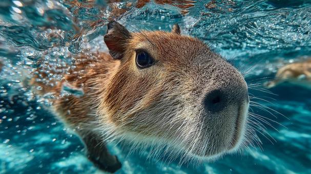 透明な水の中を泳ぐカピバラの愛らしい顔 透明な水の中を泳ぐカピバラの愛らしい顔の写真