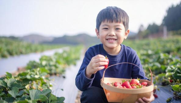 いちご狩り 苺畑でイチゴを摘む男の子 いちご狩り 苺畑でイチゴを摘む男の子の写真