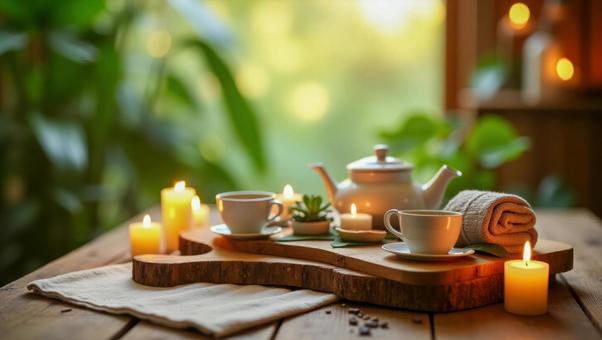 白いティーカップとキャンドルが並ぶ癒しの写真