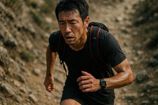 疲労感をにじませながらも走る男性 疲労感をにじませながらも走る男性の写真