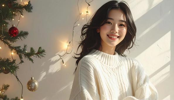 女性とクリスマスデコレーションの写真